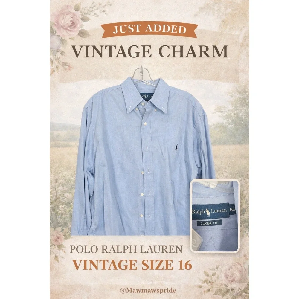 VINTAGE Y2K Polo Ralph Lauren Mens Blue Herringbone‎ Button Down Shirt Size 16